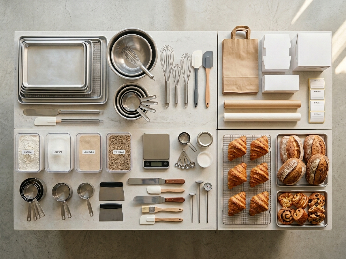 Detalle de operación panadera con insumos y herramientas listos para el trabajo diario